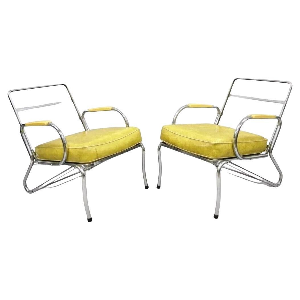 Art Deco Tubular Chrome Yellow Vinyl Club Lounge Arm Chair Attr Lloyd Mfg - Pair For Sale