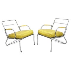 Art Deco Tubular Chrome Yellow Vinyl Club Lounge Arm Chair Attr Lloyd Mfg - Pair