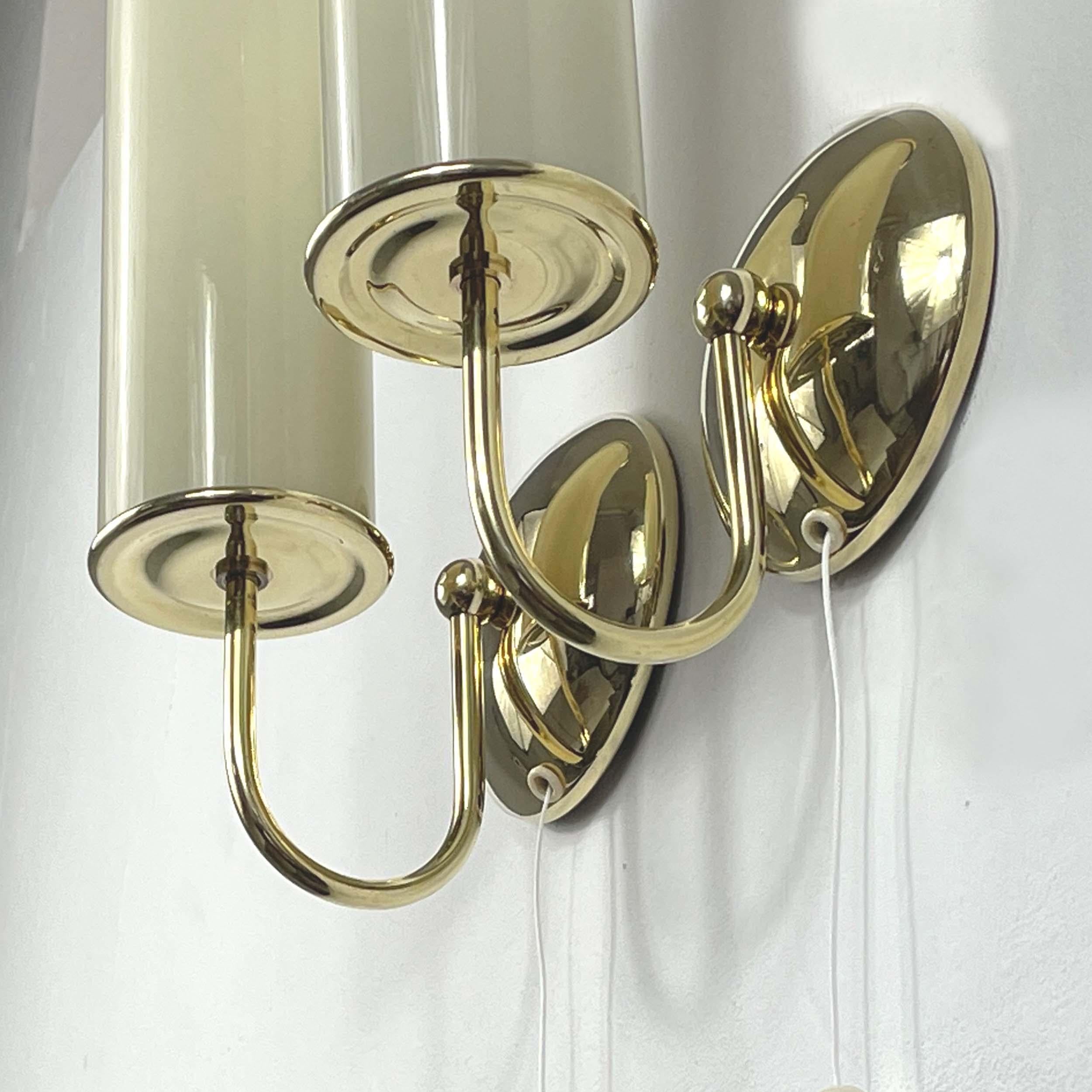 Art Deco Tubular Opaline Glass & Brass Sconces, Germany 1930s For Sale 6