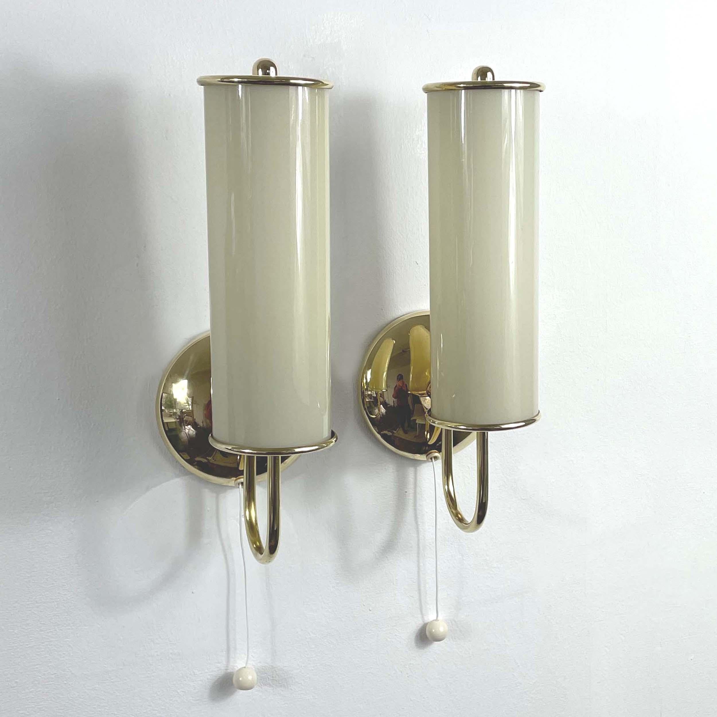 Art Deco Tubular Opaline Glass & Brass Sconces, Germany 1930s For Sale 9