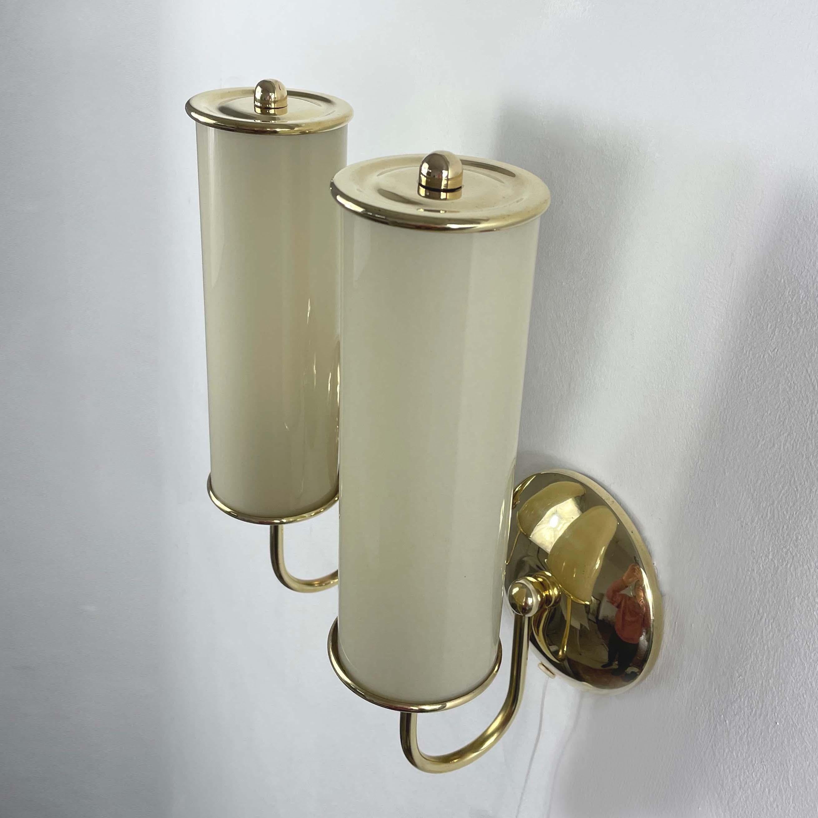 Art Deco Tubular Opaline Glass & Brass Sconces, Germany 1930s For Sale 10