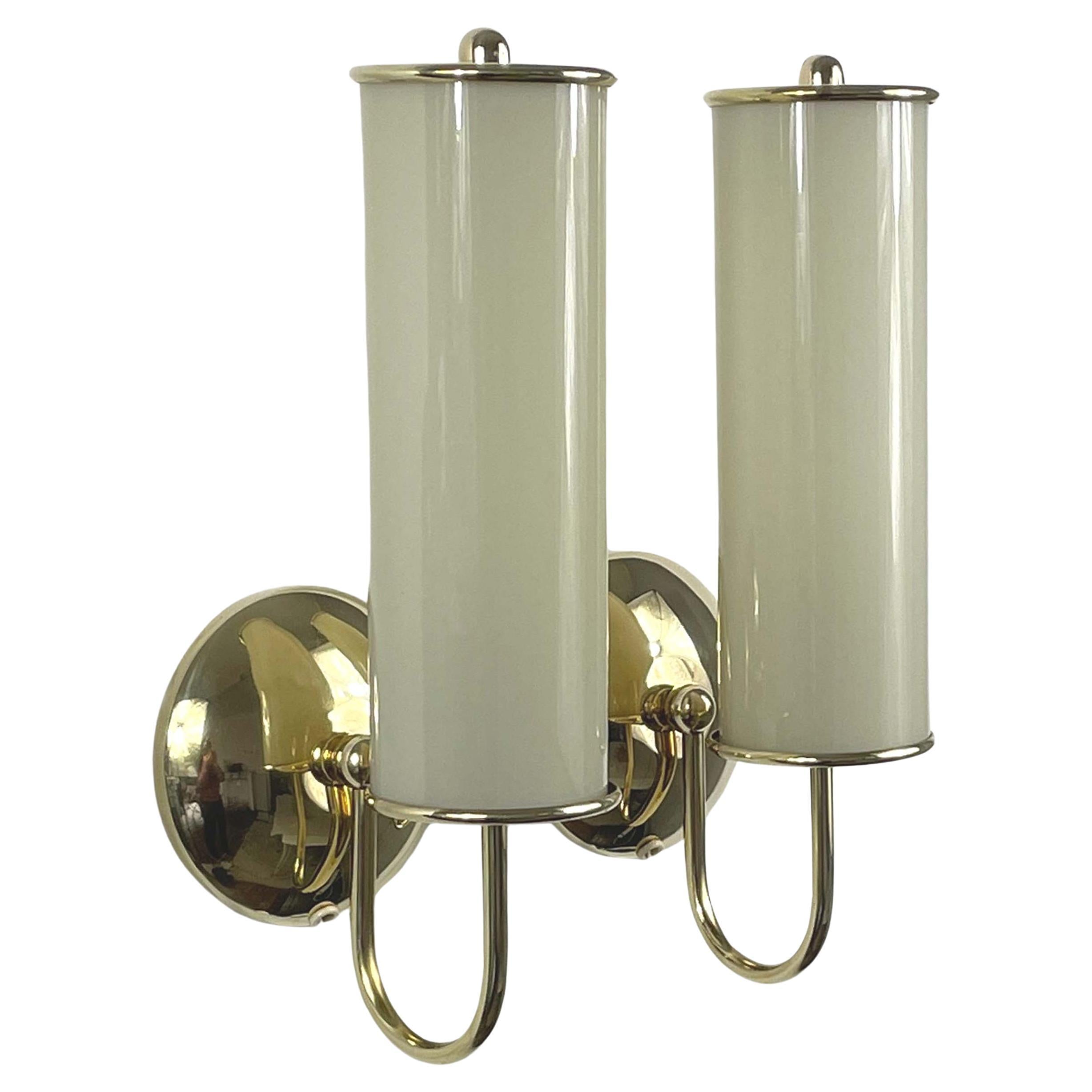 Art Deco Tubular Opaline Glass & Brass Sconces, Germany 1930s For Sale
