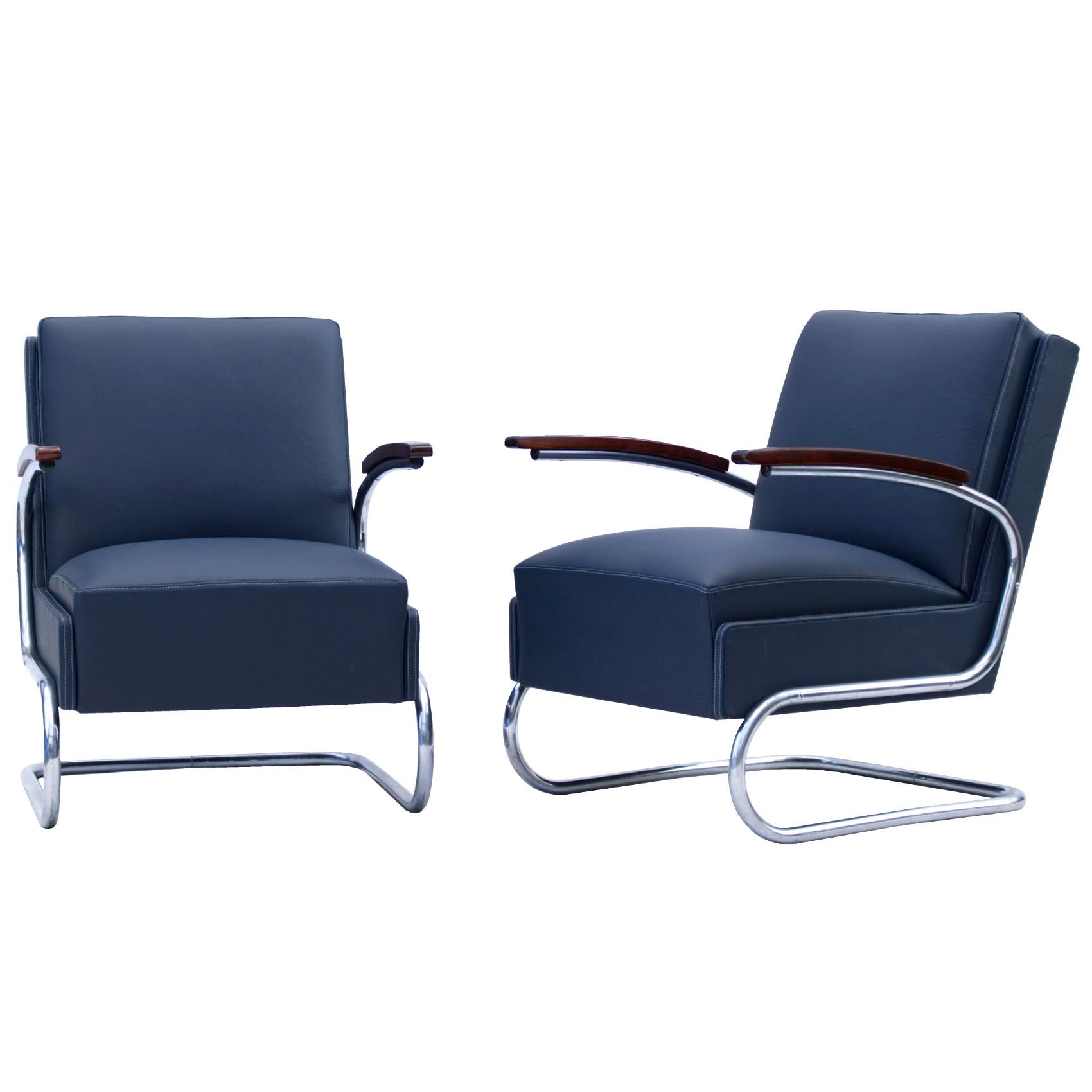 Blue Art Deco Tubular Steel Cantilever Armchairs Fn 24 by Mücke & Melder, 1930s