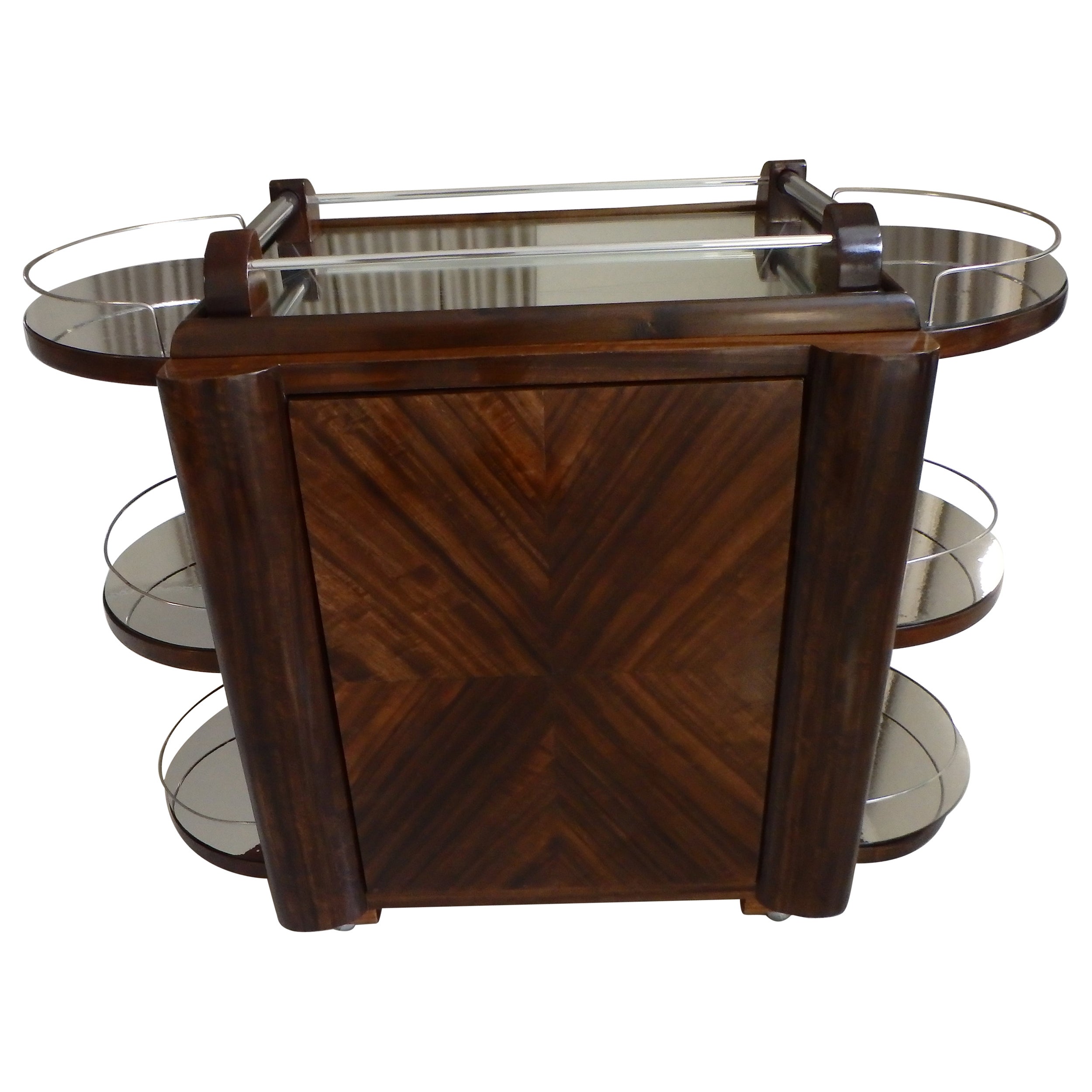 Art Deco TUGAS bar trolley rare model Eucalyptus wood plated with turnable door