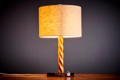 Art deco Turned Cherry Wood Table Lamp with Cast Glass Base, France 1940s