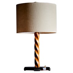 Art deco Turned Cherry Wood Table Lamp with Cast Glass Base, France 1940s