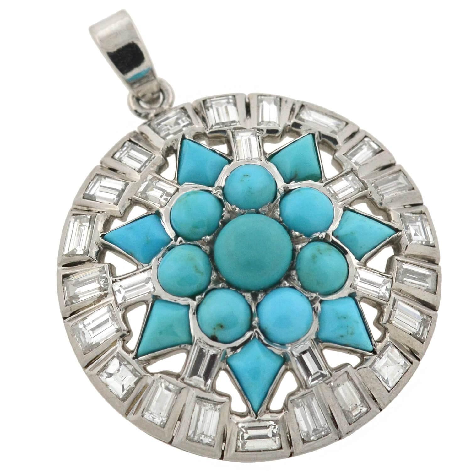 A gorgeous and highly unusual turquoise and diamond starburst pendant from the late Art Deco (ca1930) era! This beautiful piece is crafted in platinum and displays a stunning 7-point star design at the center, detailed with vibrant cabochon