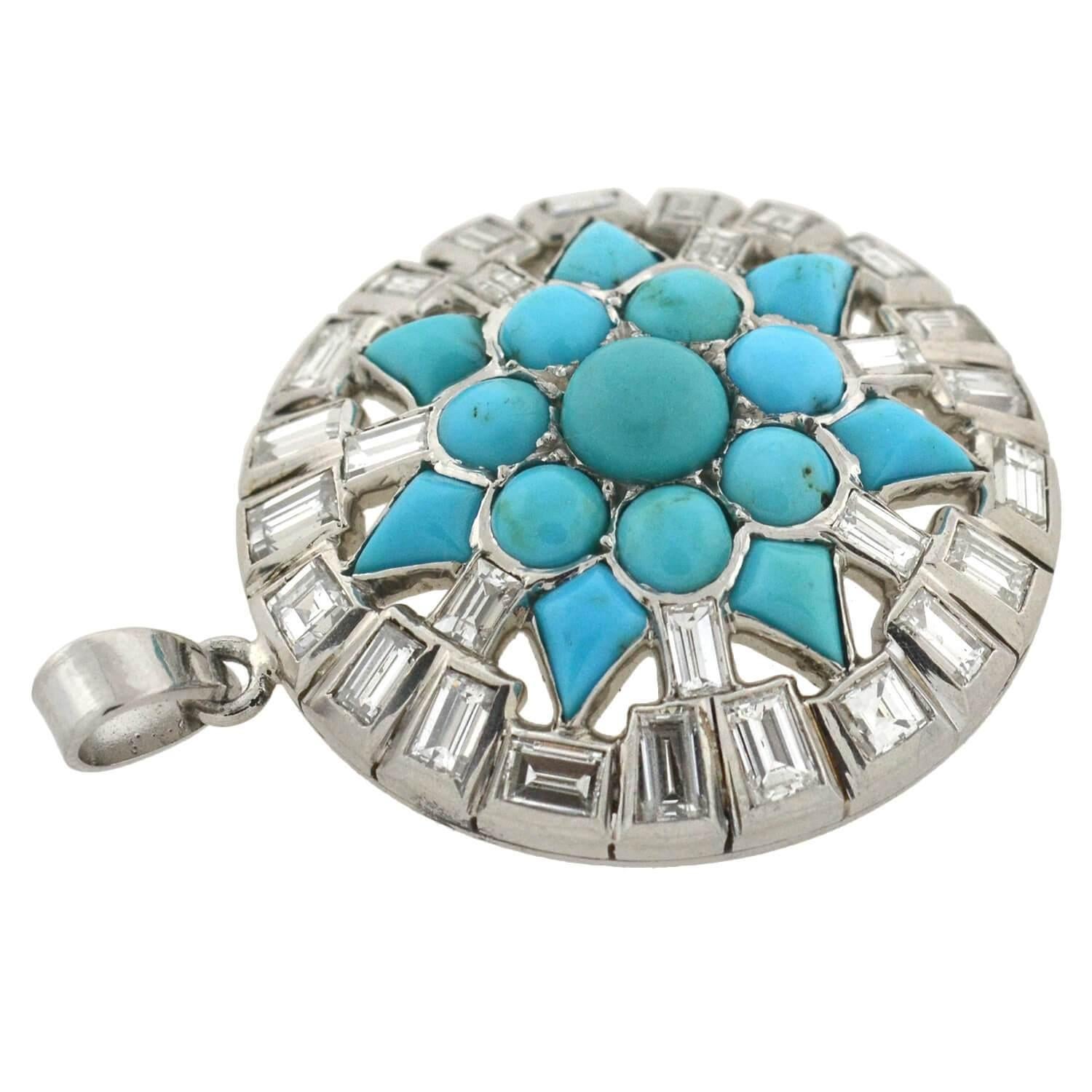 Art Deco Turquoise and 3.00 Total Carat Diamond Starburst Pendant In Good Condition For Sale In Narberth, PA