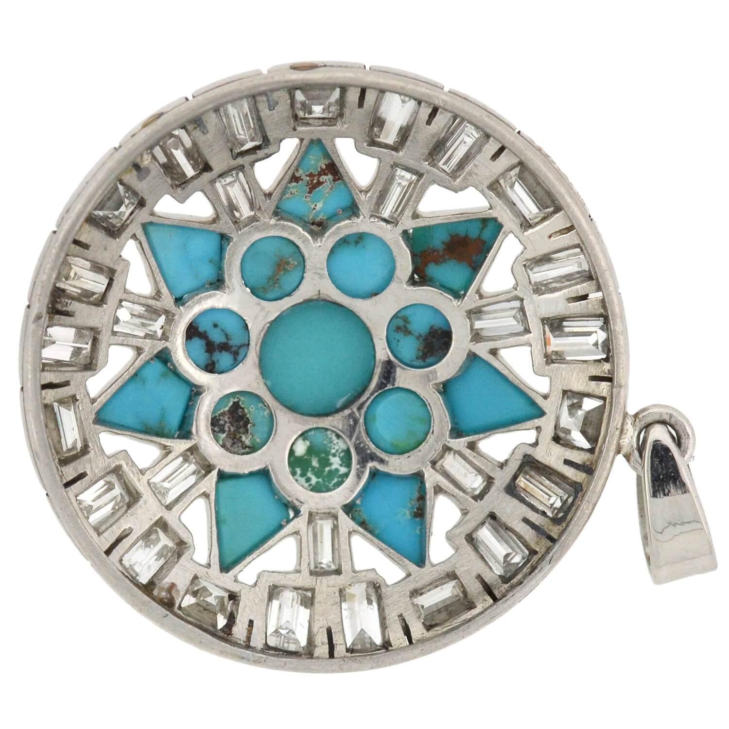 Art Deco Turquoise and 3.00 Total Carat Diamond Starburst Pendant For Sale 1
