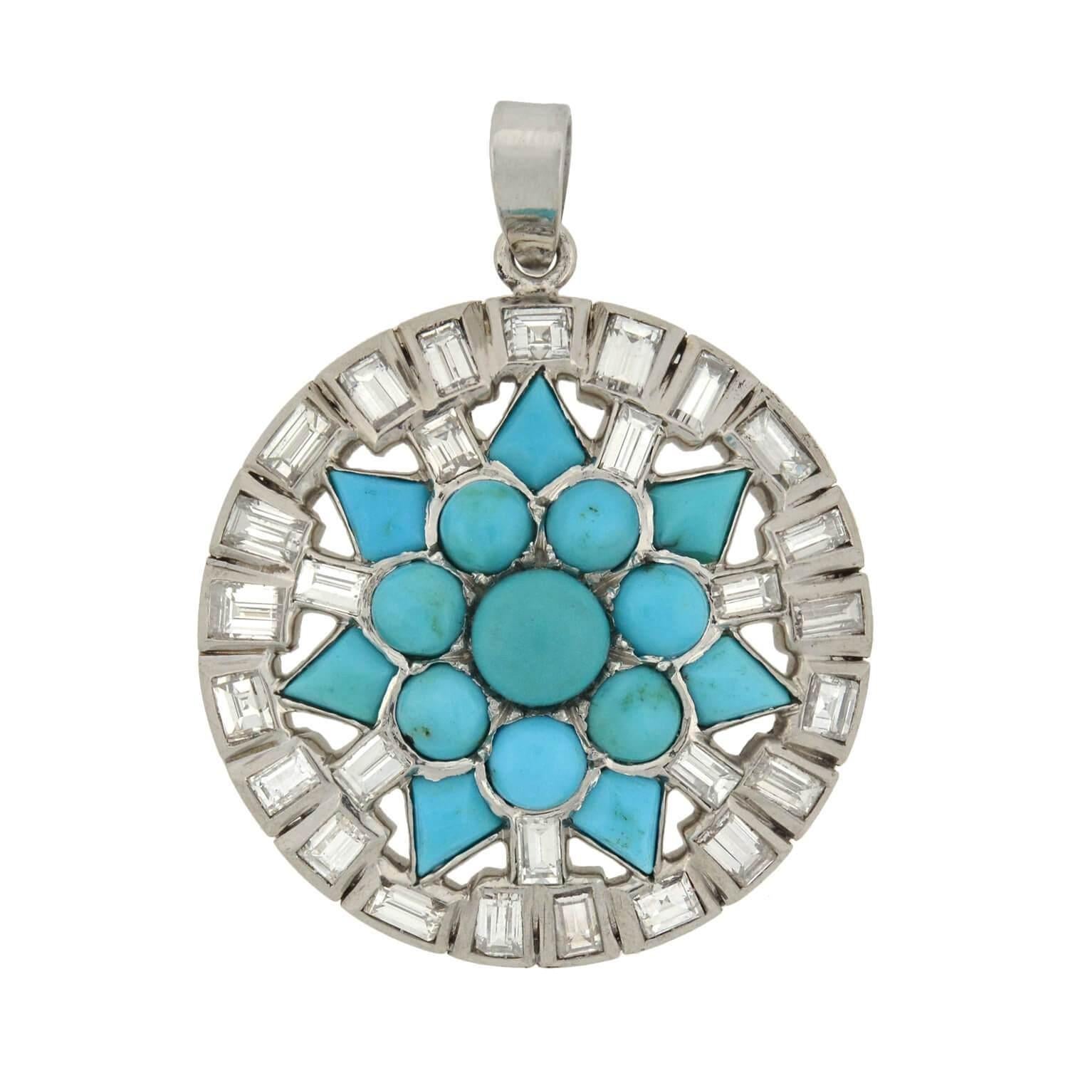 Art Deco Turquoise and 3.00 Total Carat Diamond Starburst Pendant For Sale