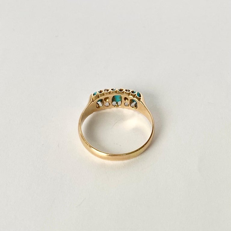 Art Deco Turquoise and Diamond 15 Carat Gold Three-Stone Ring In Good Condition In Chipping Campden, GB