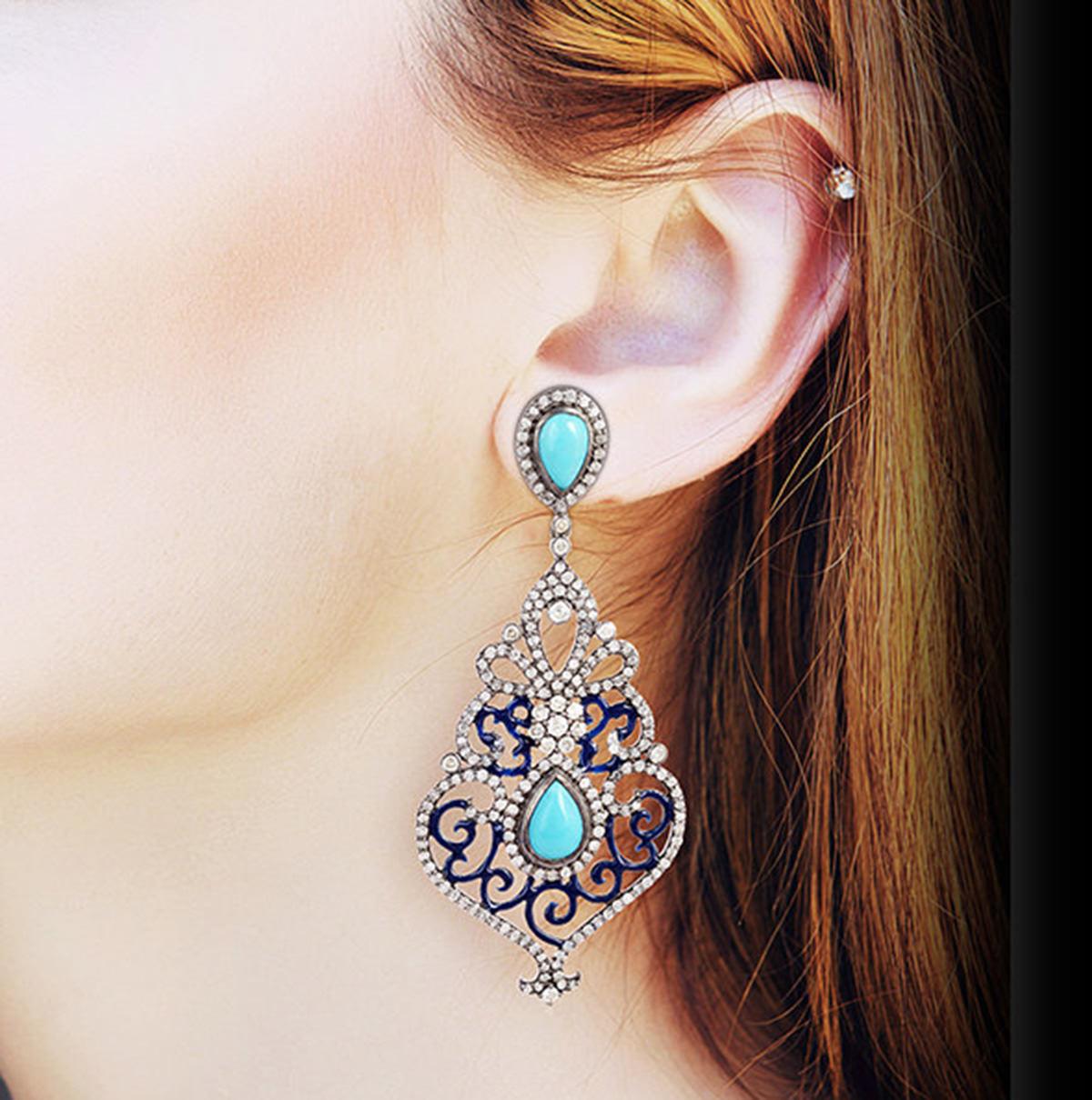 Contemporain Boucles d'oreilles chandelier Art Déco en turquoise et diamants en vente