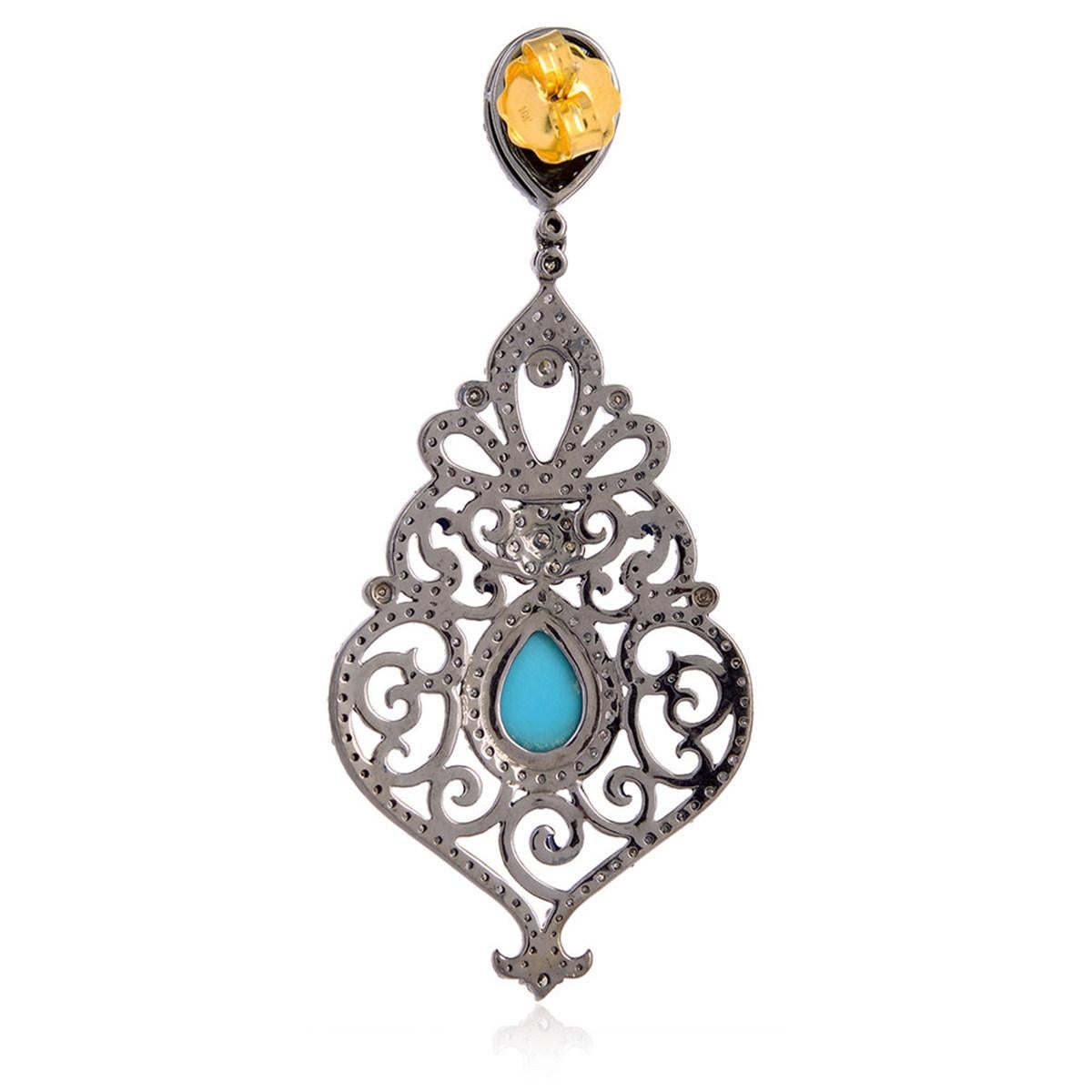 Taille mixte Boucles d'oreilles chandelier Art Déco en turquoise et diamants en vente