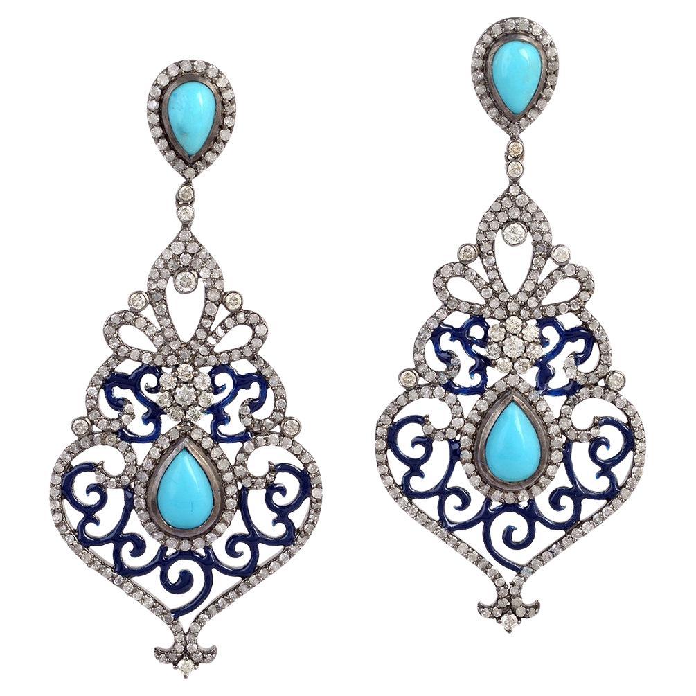 Boucles d'oreilles chandelier Art Déco en turquoise et diamants en vente