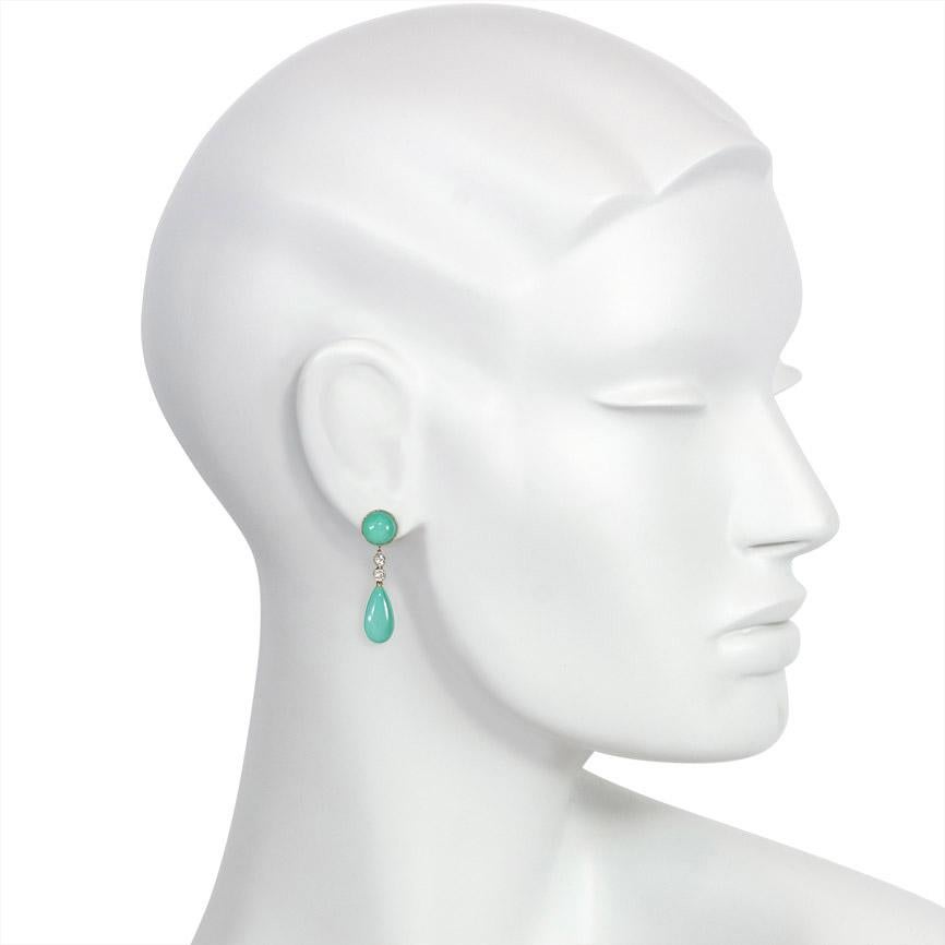 Round Cut Art Deco Turquoise and Diamond Drop Earrings