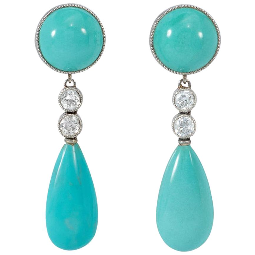 Art Deco Turquoise and Diamond Drop Earrings