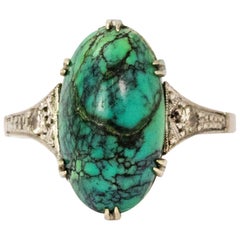 Antique Art Deco Turquoise and Diamond Gold Platinum Ring