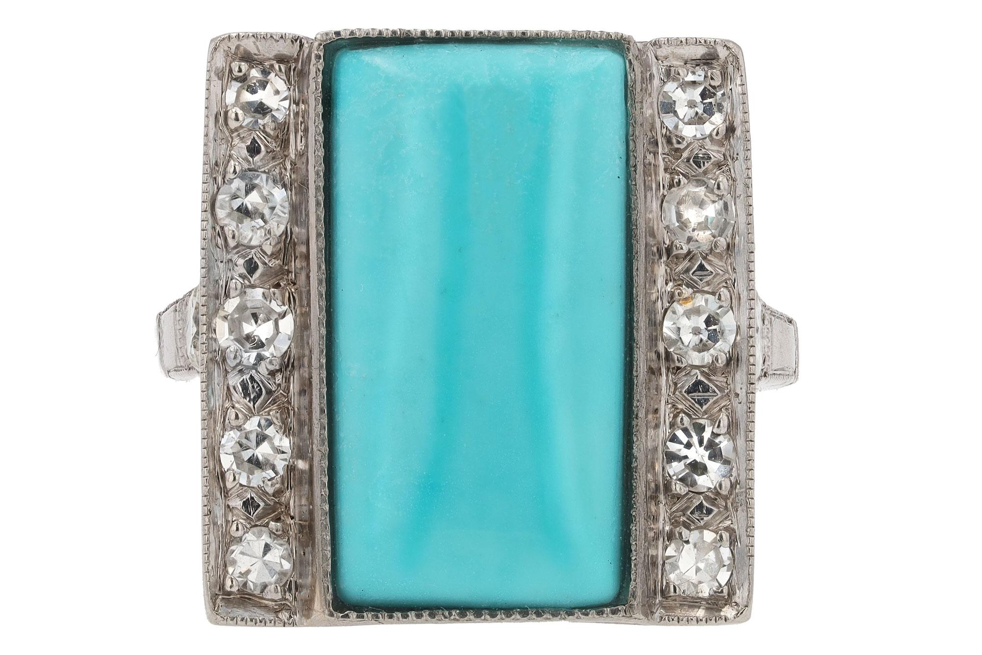 Art Deco Persian Turquoise and Diamond Cocktail Ring In Good Condition For Sale In Santa Barbara, CA