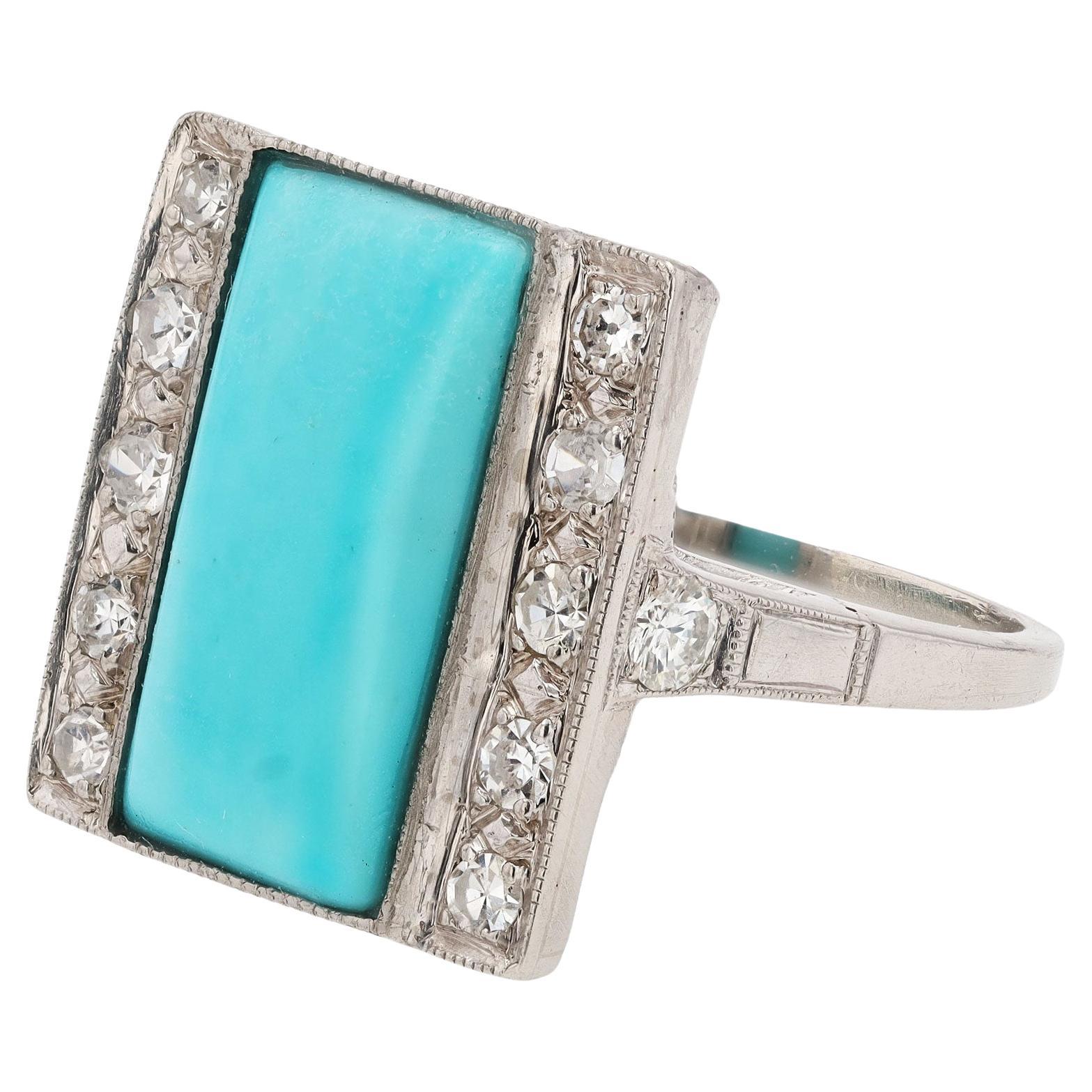 Art Deco Persian Turquoise and Diamond Cocktail Ring For Sale