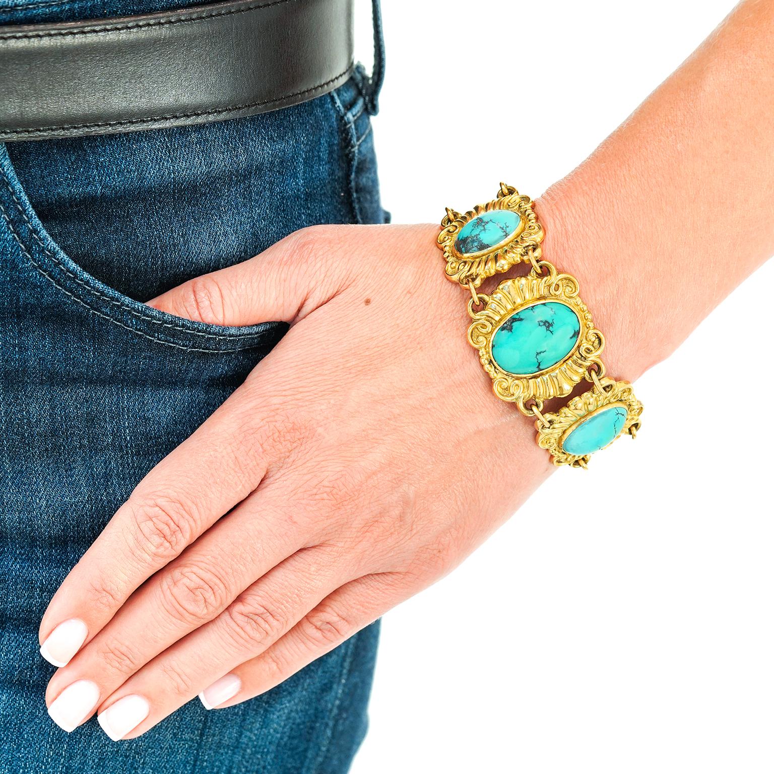 Taille cabochon Bracelet Art Déco Turquoise et Or en vente