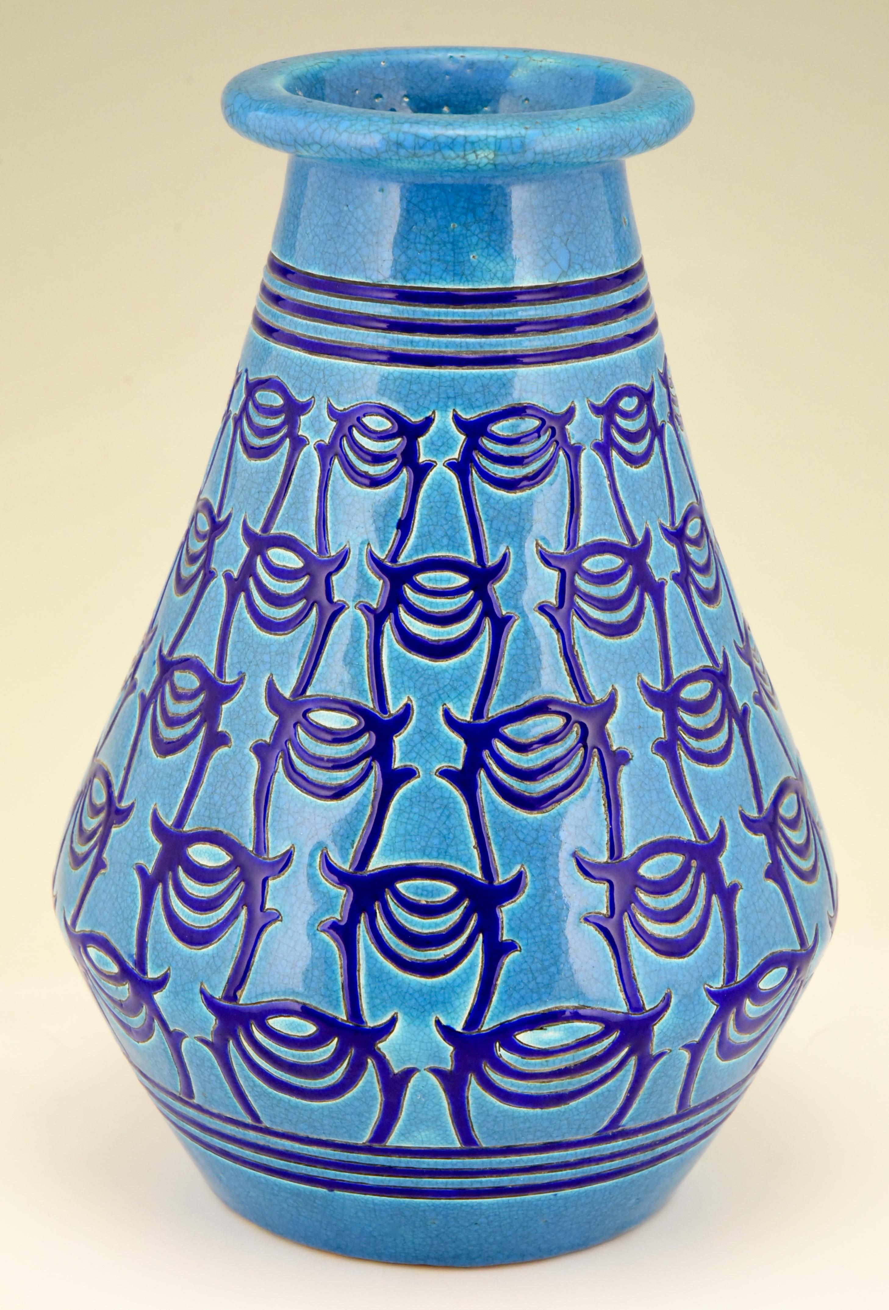 French Art Deco Turquoise Blue Ceramic Vase Atelier Primavera Longwy, 1925