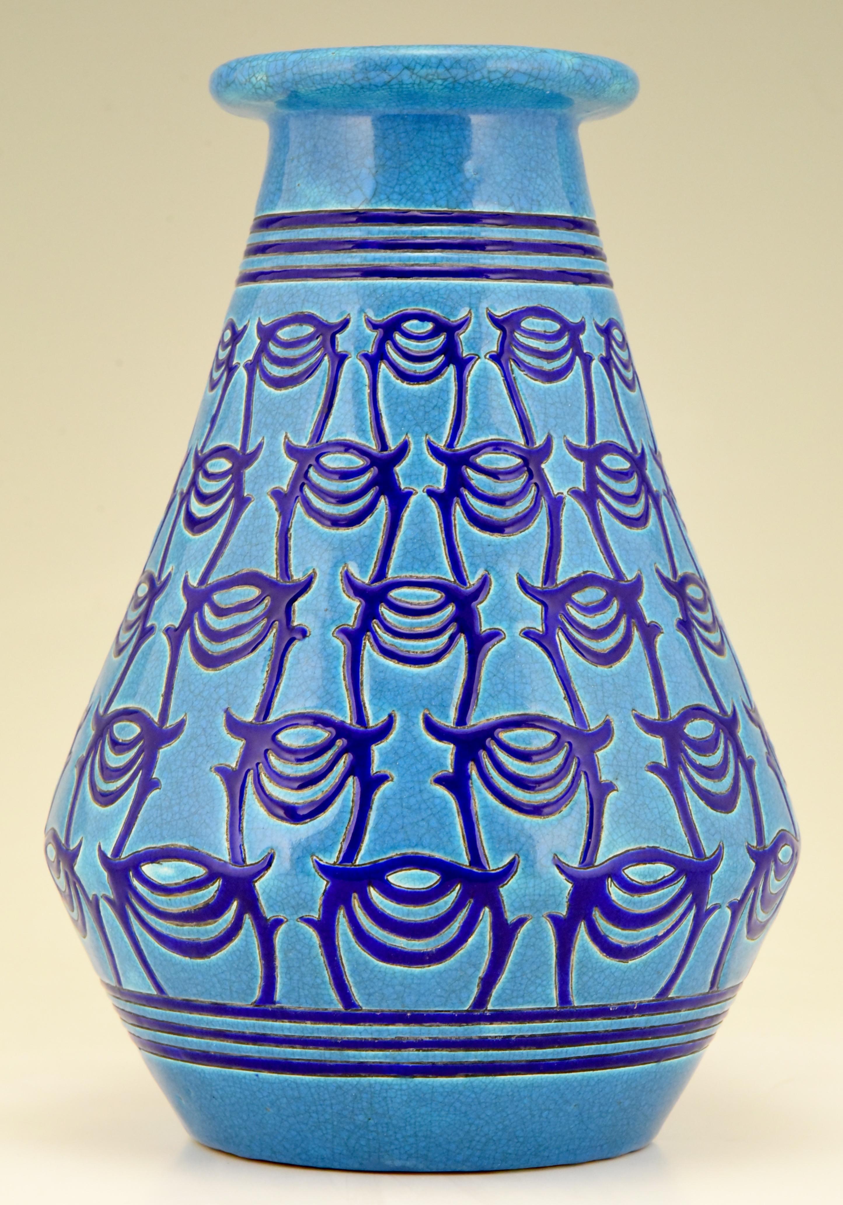 Art Deco Turquoise Blue Ceramic Vase Atelier Primavera Longwy, 1925 In Good Condition In Antwerp, BE