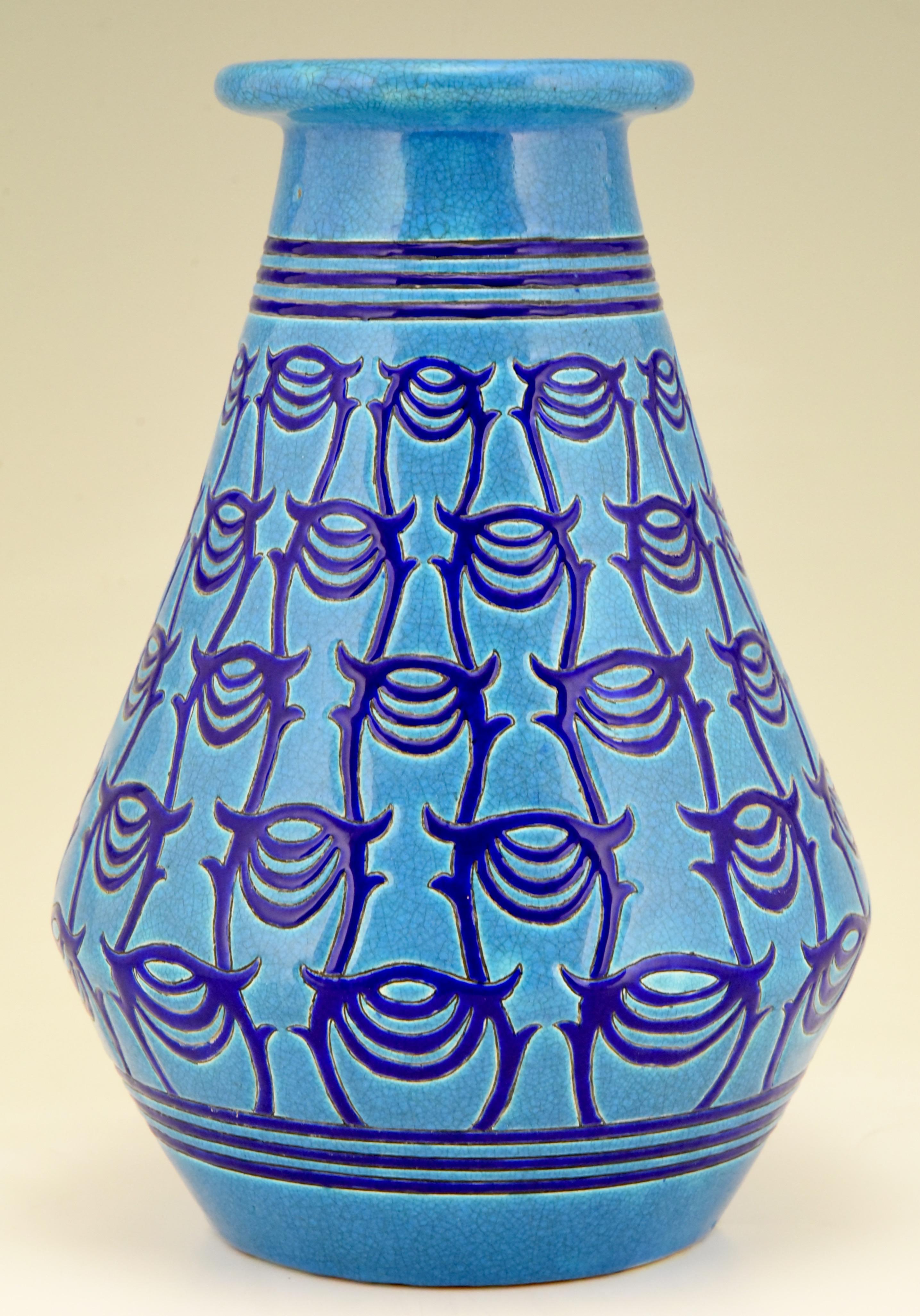20th Century Art Deco Turquoise Blue Ceramic Vase Atelier Primavera Longwy, 1925