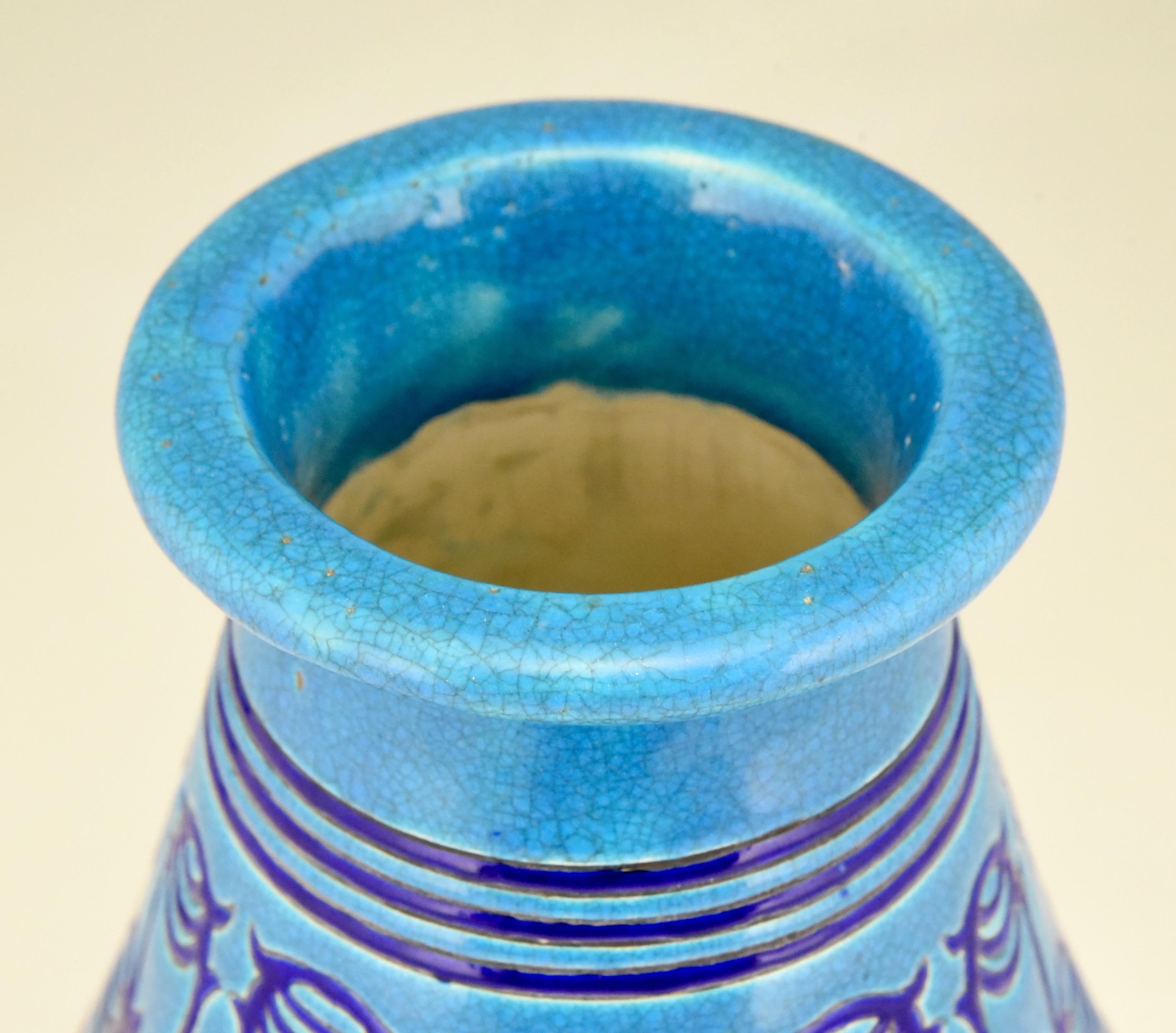 Art Deco Turquoise Blue Ceramic Vase Atelier Primavera Longwy, 1925 1