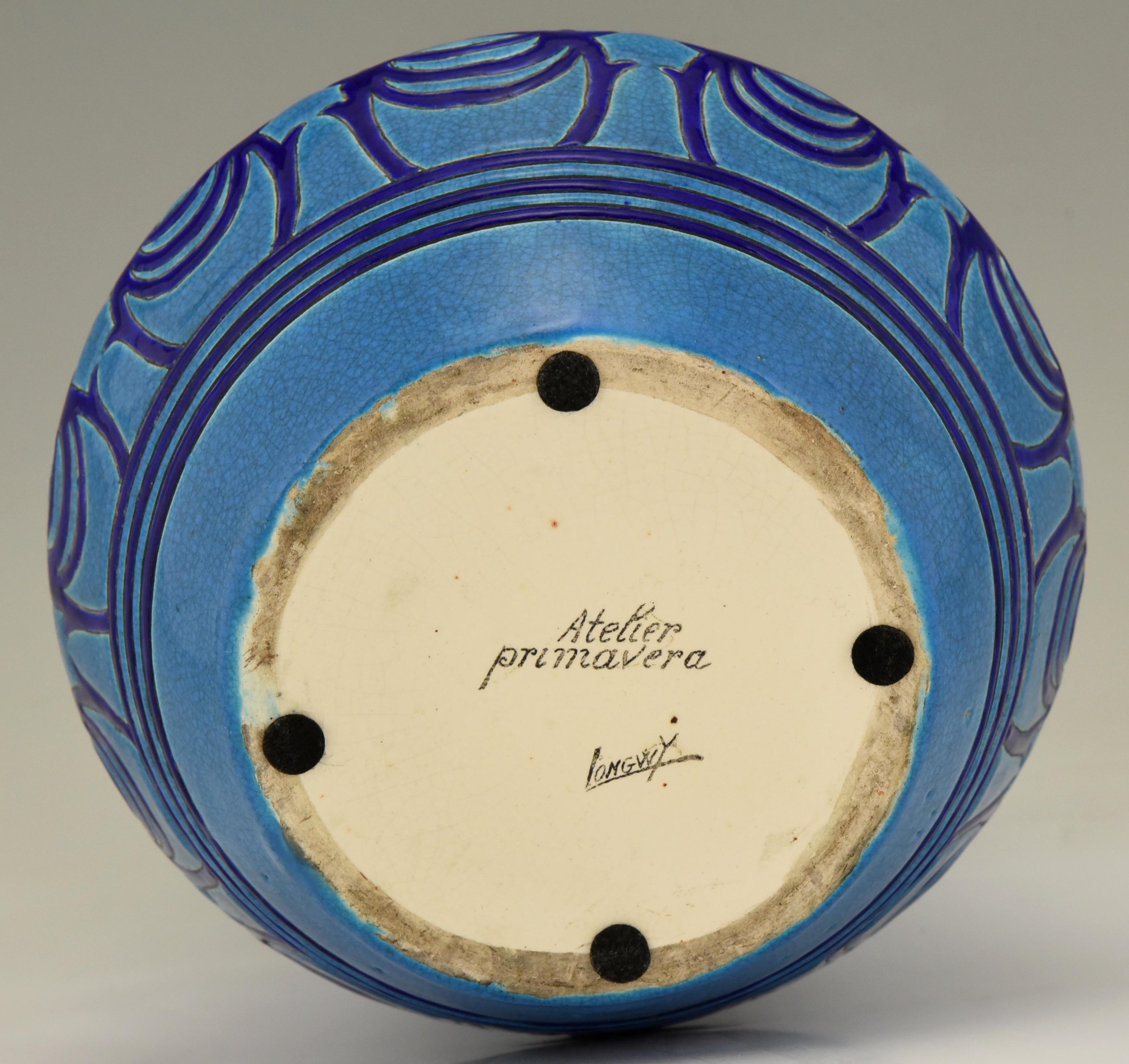 Art Deco Turquoise Blue Ceramic Vase Atelier Primavera Longwy, 1925 4