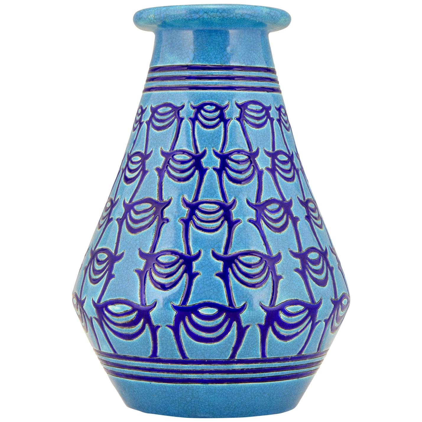 Art Deco Turquoise Blue Ceramic Vase Atelier Primavera Longwy, 1925