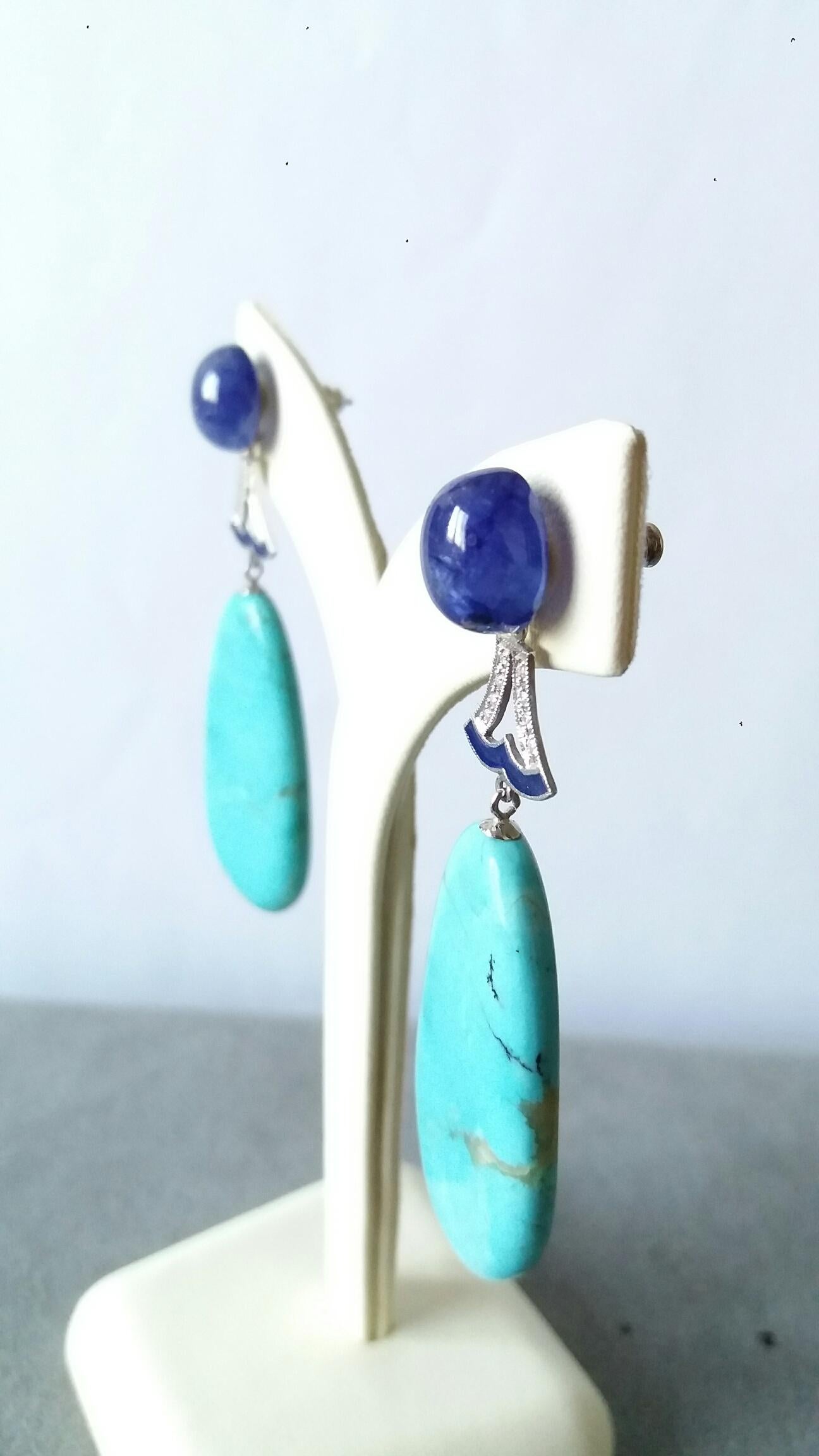 Art Deco Style Turquoise Blue Sapphire Gold Diamond Enamel Flat Drop Earrings In Excellent Condition In Bangkok, TH