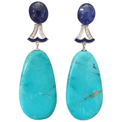 Art Deco Style Turquoise Blue Sapphire Gold Diamond Enamel Flat Drop Earrings