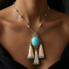 Art Deco Turquoise Cabochon, Pearl and Diamond Tassel Necklace in Silver & Gold