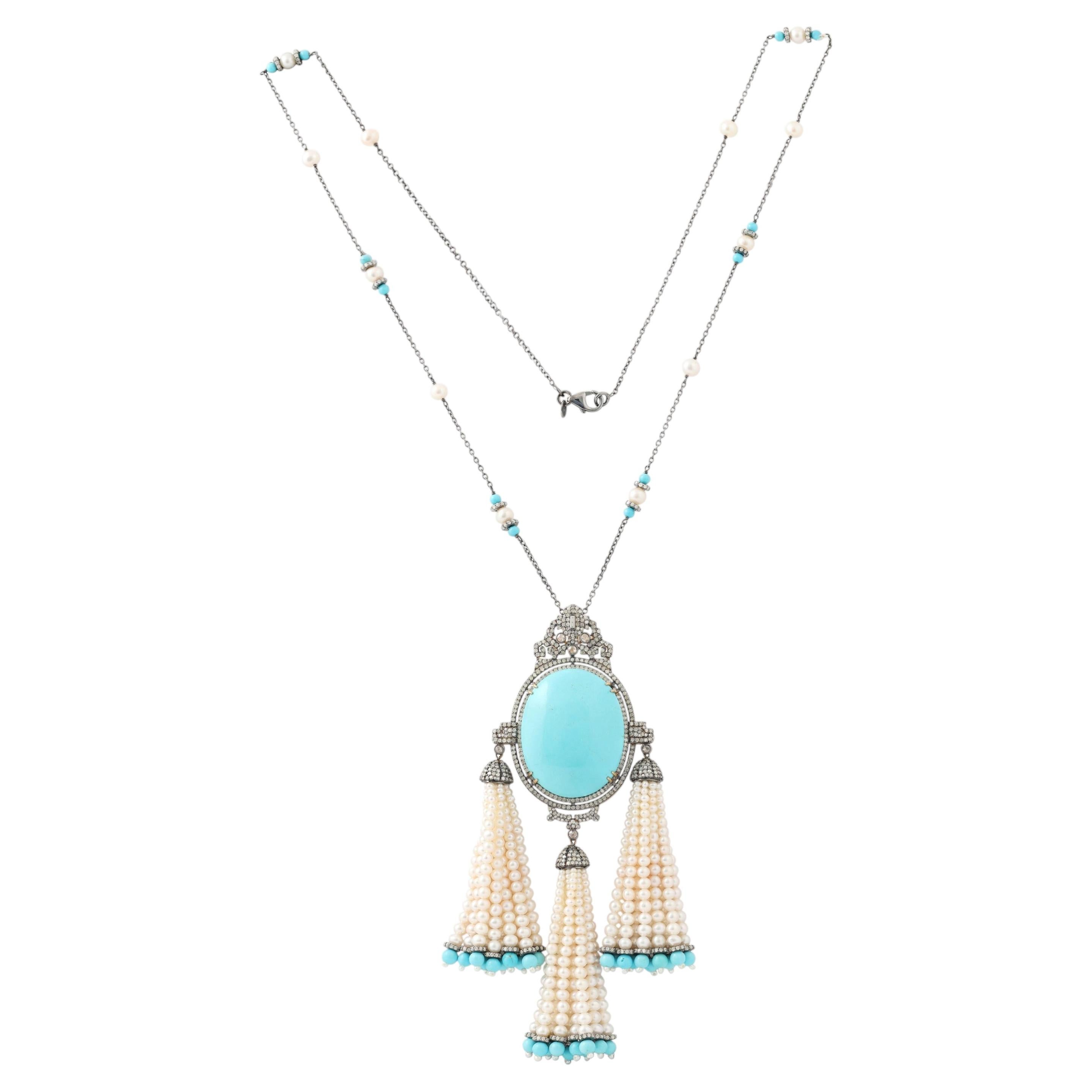 Collana Art Deco con cabochon di turchese, perle e diamanti in argento e oro