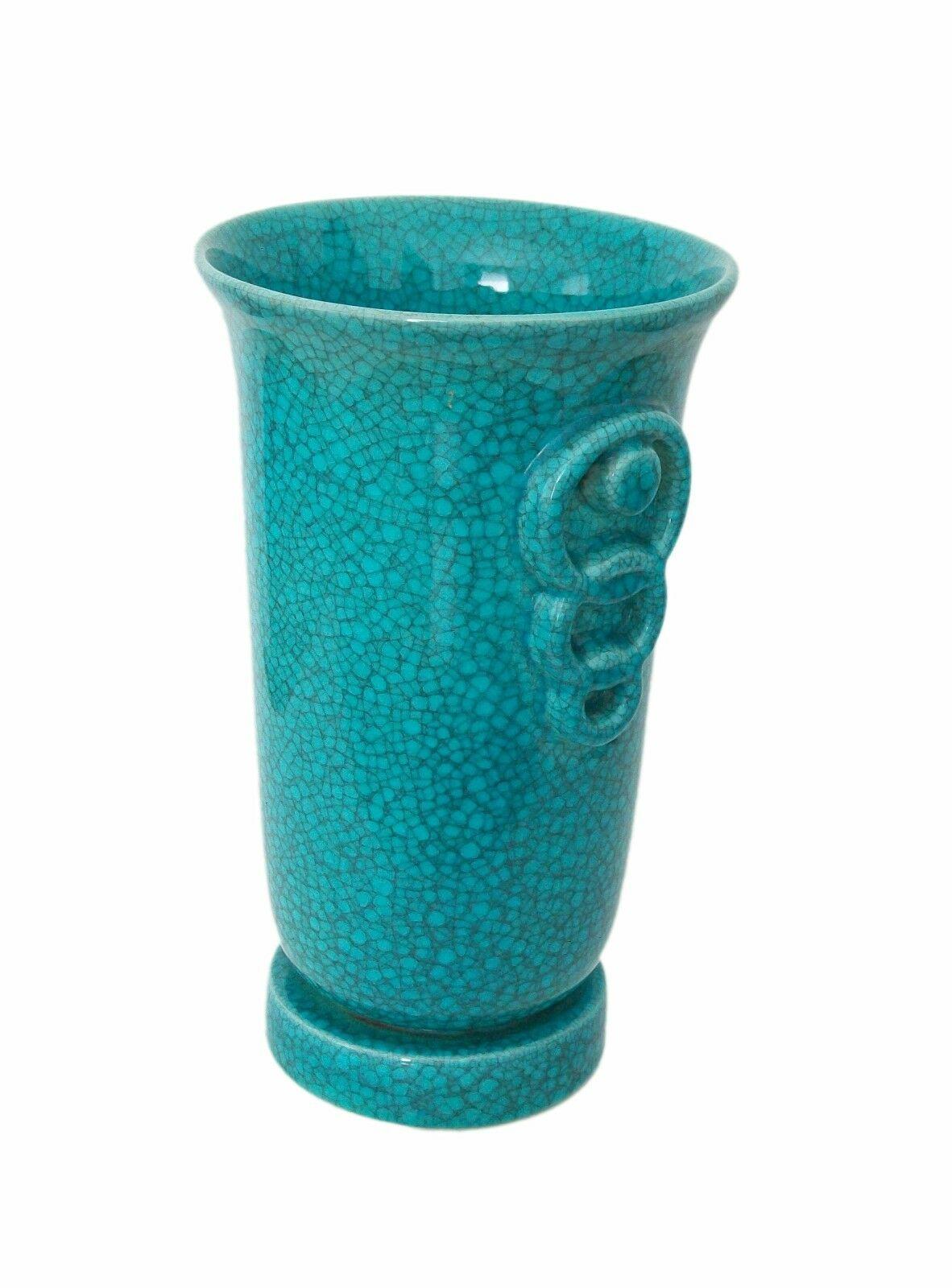Belgian Art Deco Turquoise Crackle Glaze Vase, Belgium, Circa 1930's For Sale