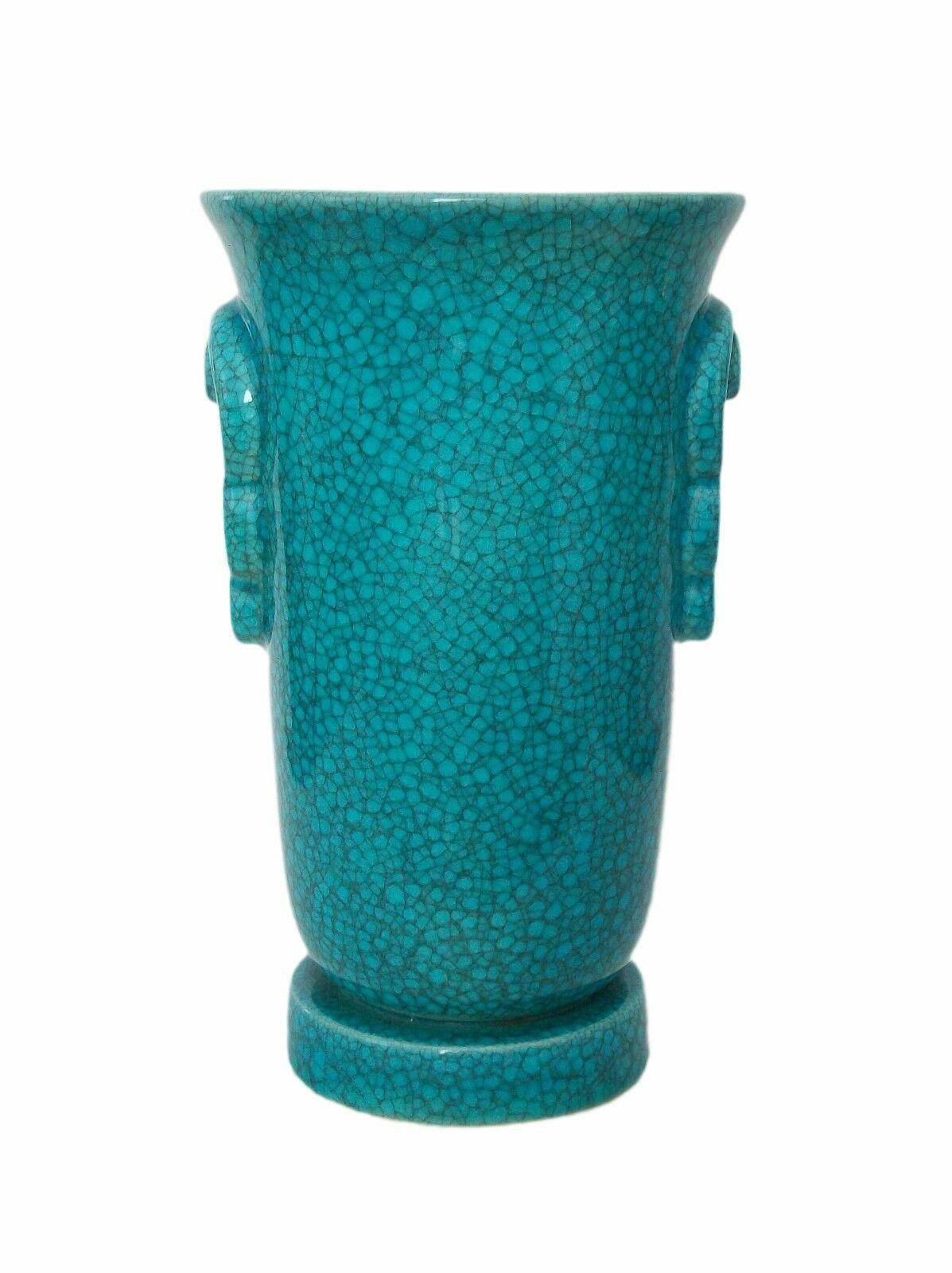 Glazed Art Deco Turquoise Crackle Glaze Vase, Belgium, Circa 1930's For Sale