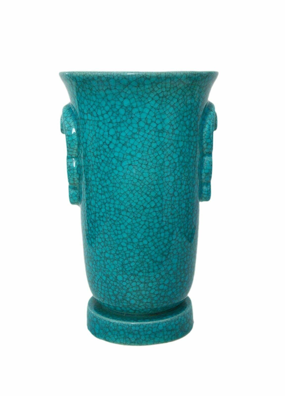 Art Deco Turquoise Crackle Glaze Vase, Belgium, Circa 1930's In Good Condition For Sale In Chatham, ON