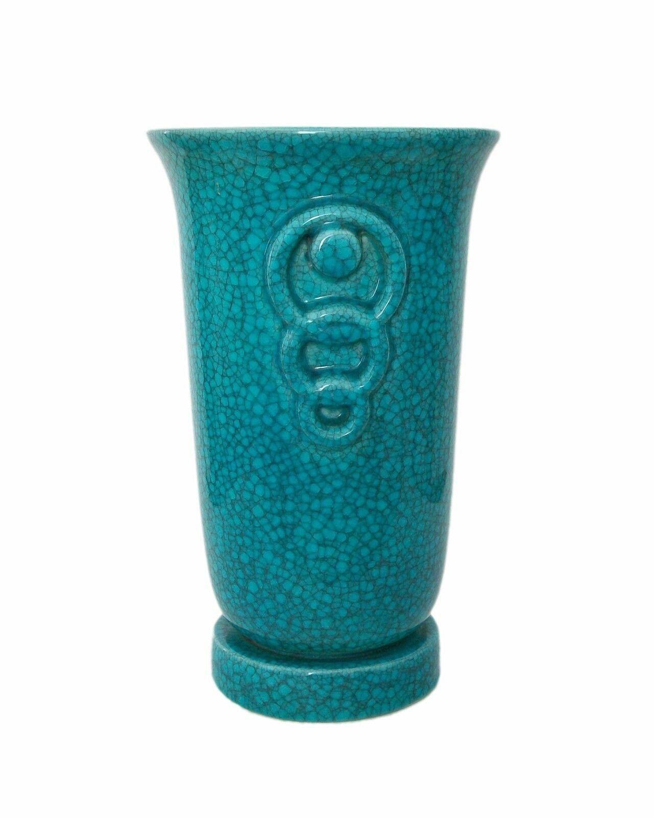 20th Century Art Deco Turquoise Crackle Glaze Vase, Belgium, Circa 1930's For Sale