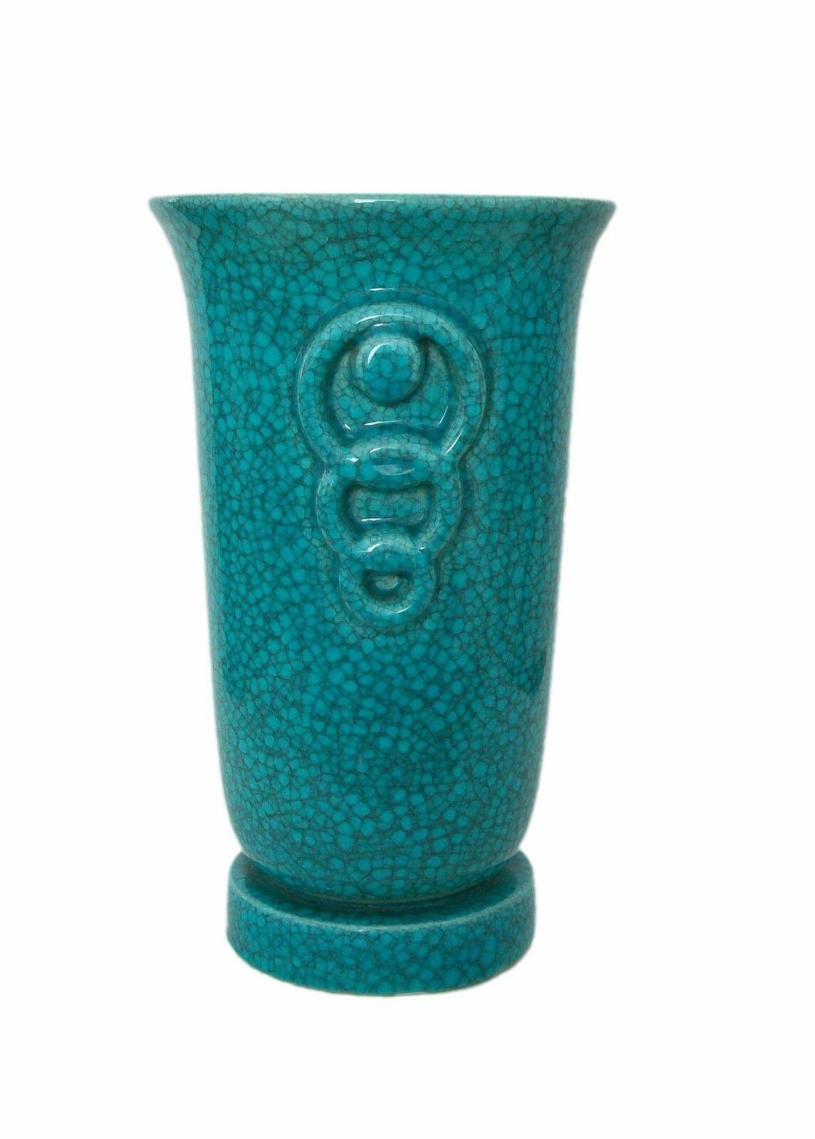 Ceramic Art Deco Turquoise Crackle Glaze Vase, Belgium, Circa 1930's For Sale