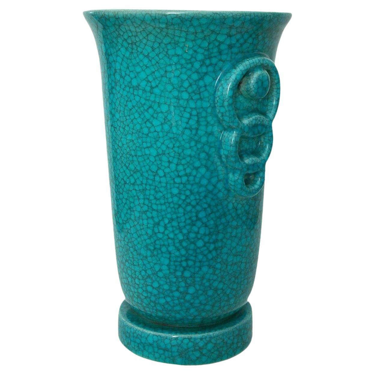 Art Deco Turquoise Crackle Glaze Vase, Belgium, Circa 1930's For Sale