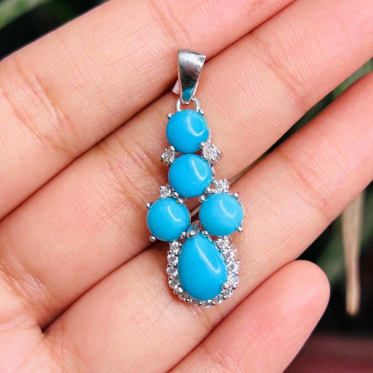 Mixed Cut Art Deco Style Turquoise December Birthstone Pendant for Women Gift in Silver For Sale