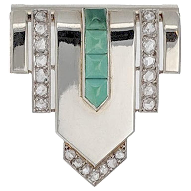 Art Deco Turquoise Diamond and White Gold Clip Brooch