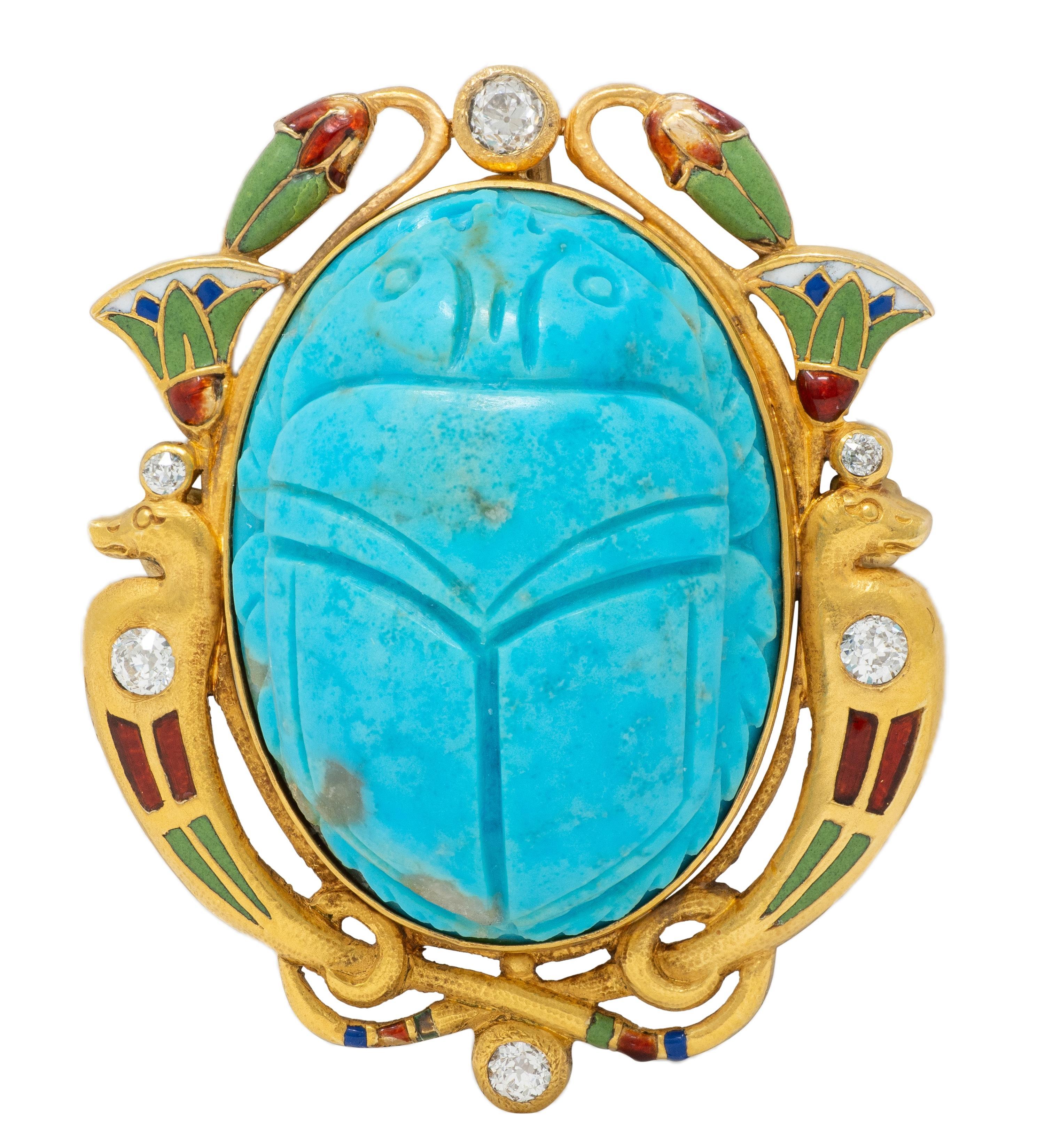 Art Deco Turquoise Diamond Enamel 14K Gold Antique Egyptian Scarab Brooch