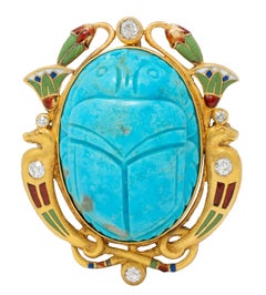 Art Deco Turquoise Diamond Enamel 14K Gold Antique Egyptian Scarab Brooch
