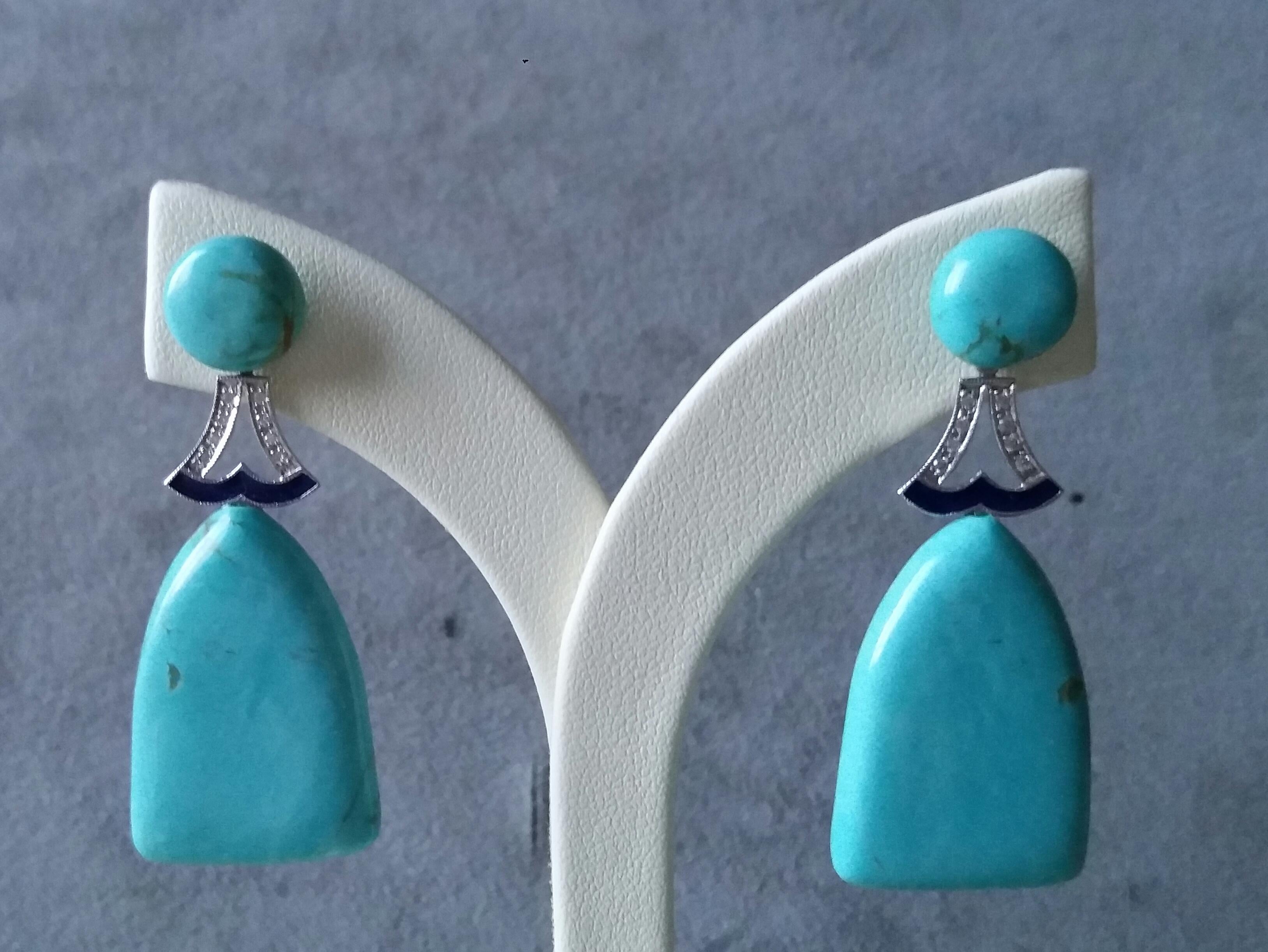 2 round genuine Turquoise as tops,middle parts in white gold,diamonds and blue enamel,bottom parts are 2 genuine Turquoise sail shape  flat drops
Length 50 mm
Width 20 mm
Weight 12 grams
In 1978 our workshop started in Italy to make simple-chic Art