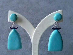 Art Deco Style Turquoise Diamonds White Gold Blue Enamel Flat Drop Earrings