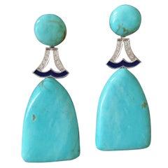 Boucles d'oreilles en goutte plates de style Art déco en or blanc, diamants et émail bleu avec turquoise