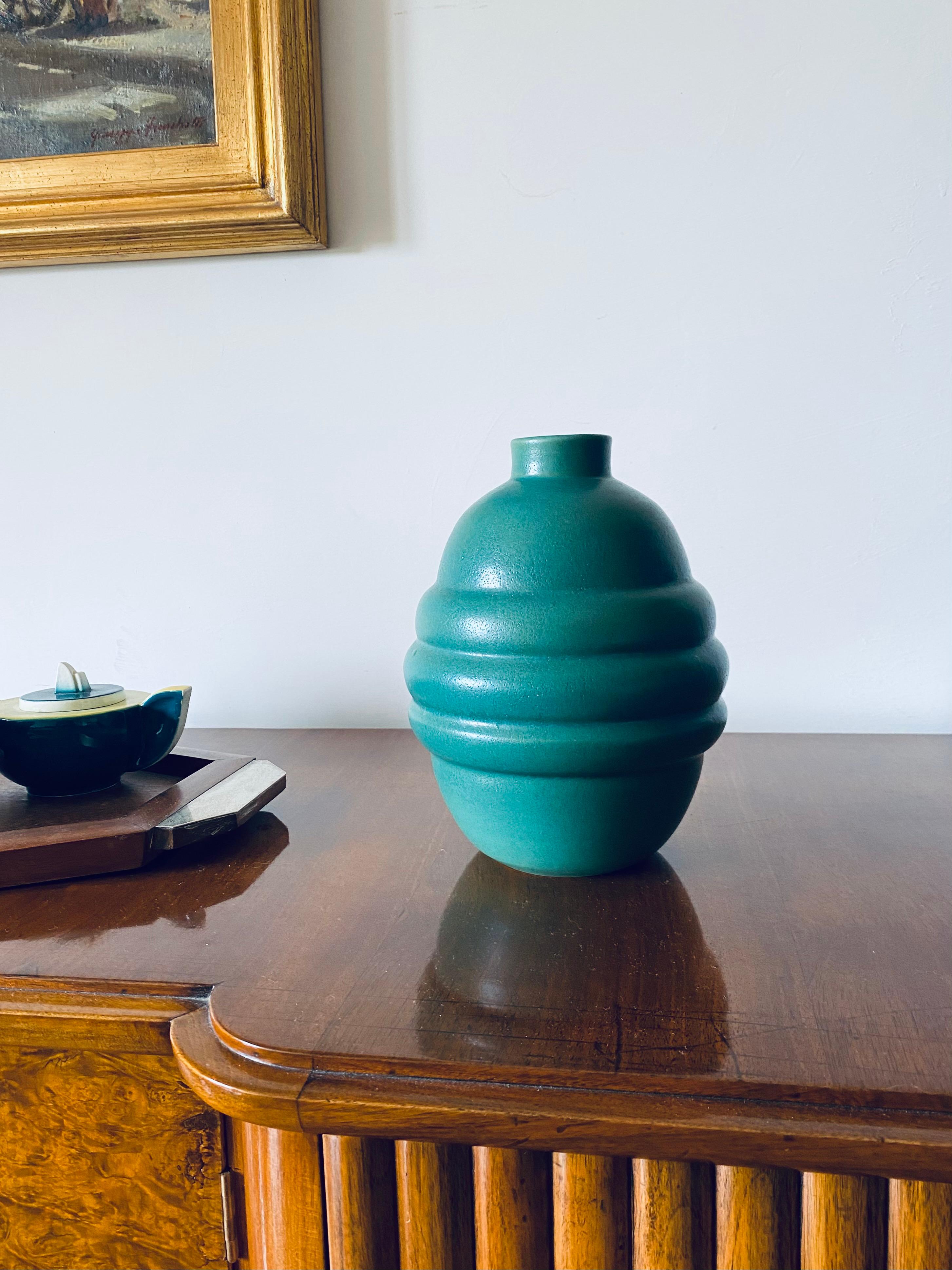 Art déco Vase Art Déco en faïence turquoise, France 1940s en vente
