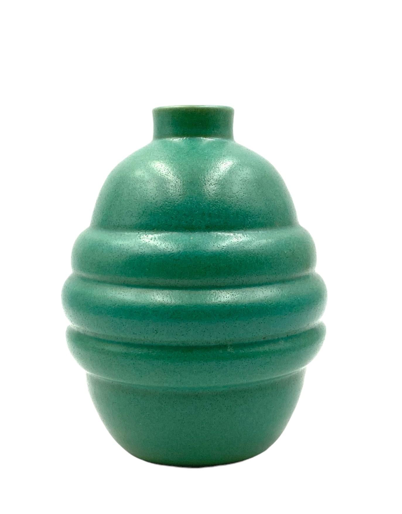 French Art Déco Turquoise Faience Vase, France, 1940s For Sale