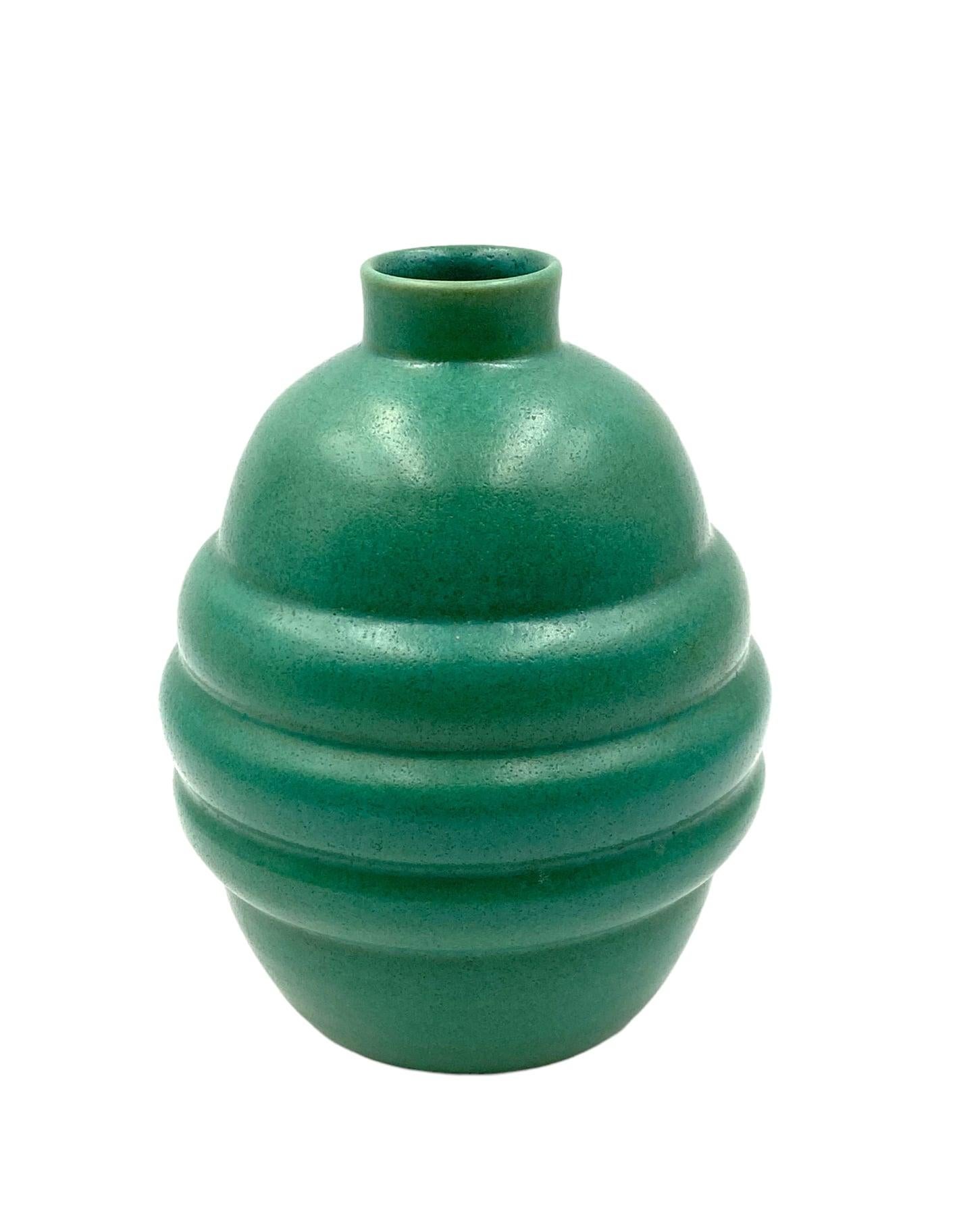 Mid-20th Century Art Déco Turquoise Faience Vase, France, 1940s For Sale